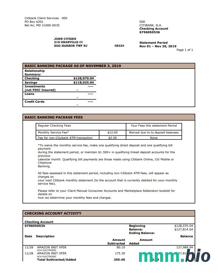 USA City wyciąg bankowy szablon Worda i PDF